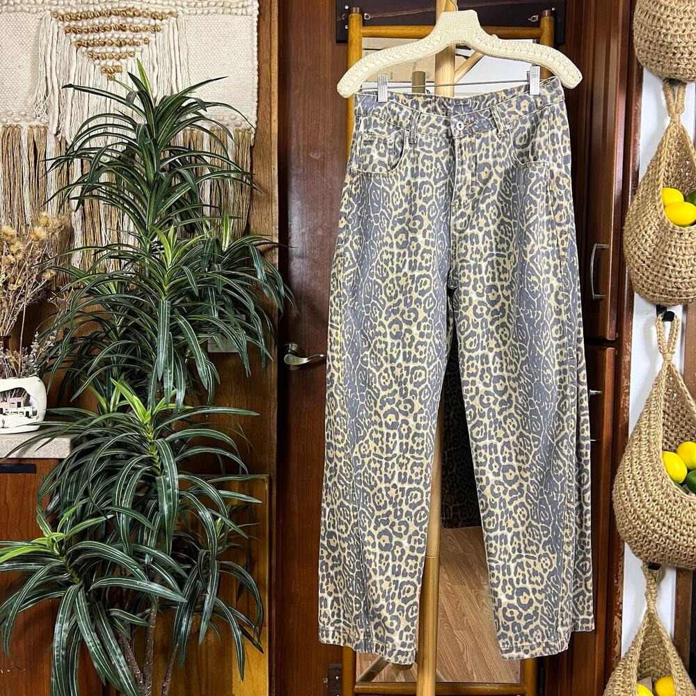 High Rise Leopard Print Jeans W29 Straight Leg Animal Print Indie Y2K 90s Womens